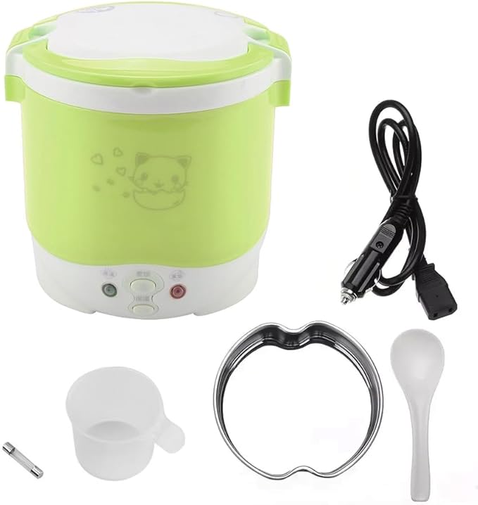 1L Mini Rice Cooker 12v Electric Lunch Box Portable Travel Rice Cooker for Car Multifunctional Electric Food Steamer for Travel Camping (green)