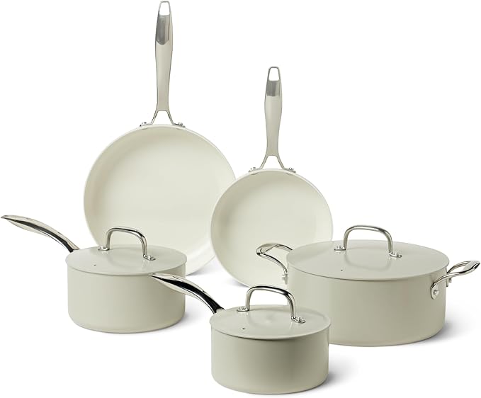 Amazon Basics Ceramic Nonstick Cookware 8-Piece Set of Pots and Pans Dishwasher and Oven-Safe All Cooktop Induction Friendly Linen Gray