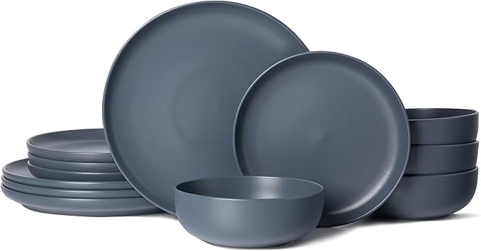 12-Piece Matte Blue Dinnerware SetStoneware Dinnerware for 4 Microwave &amp Dishwasher Safe Stackable Design for Kitchen and Dining - Plates and Bowls