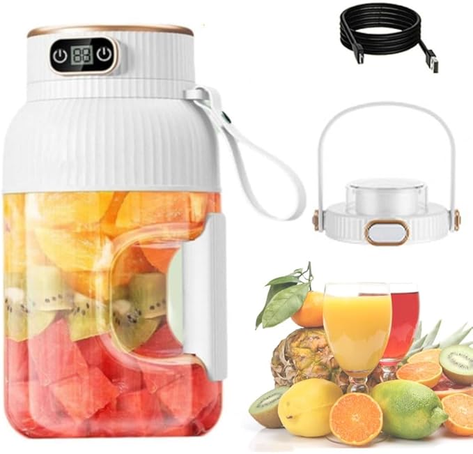 Multifunctional Portable Juicercup with Digital Display Large Capacity Portable Blender USB Rechargeable Double Lids are Replaceable Juice Cup Blender(White)
