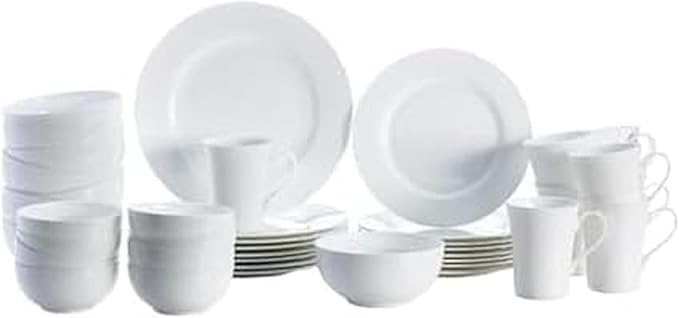 Mikasa Delray 40-Piece White Dinnerware Set Service for 8 Durable Porcelain Plates Bowls and Mugs Dishwasher and Microwave Safe