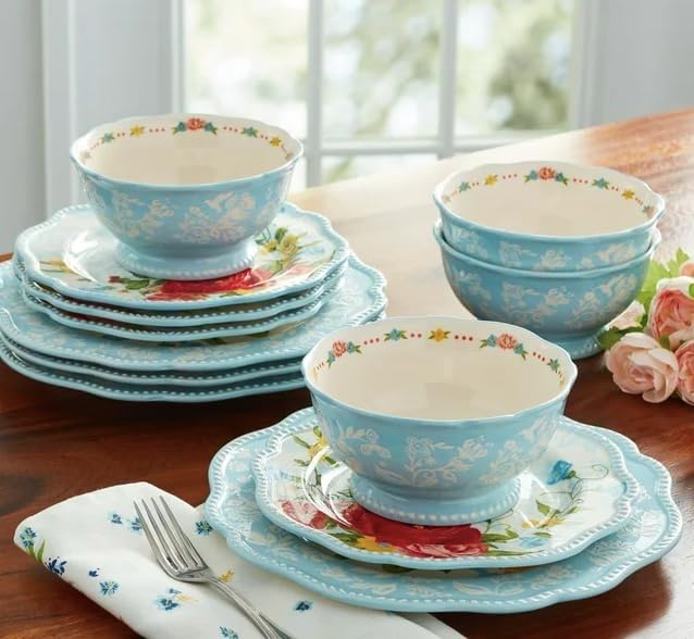 Stunning Sweet Rose Stoneware 12-Piece Dinnerware Set (Blue)