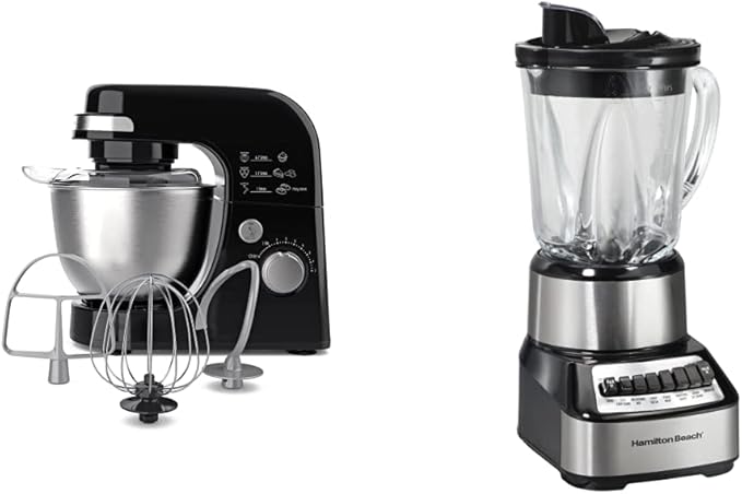 Hamilton Beach Electric Stand Mixer 4 Quarts Dough Hook Flat Beater Attachments Splash Guard 7 Speeds &amp Wave Crusher Blender with 40 Oz Glass Jar and 14 Functions for Puree Stainless Steel