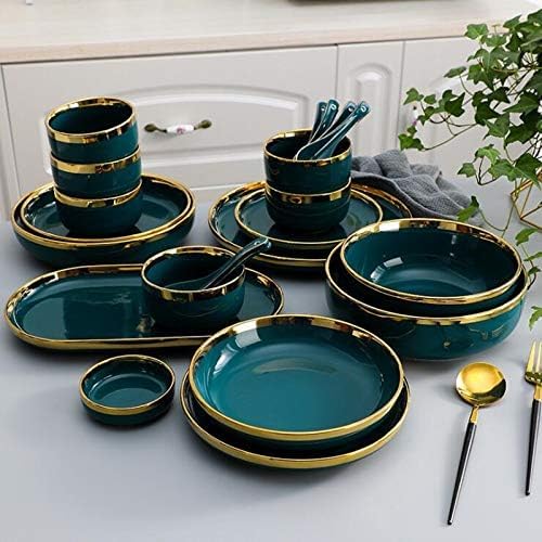 Ceramic Tableware Gilt Rim Green Ceramic Plate Steak Food Plate Tableware Bowl Ins Dinner Dish Porcelain Dinnerware Set for Family HotelSpoon 1pcs