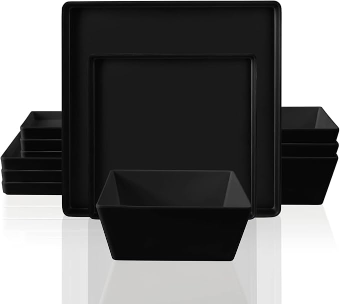 12 Piece Square Melamine Dinnerware Sets for 4 - Plastic Matte Black Plates and Bowls Sets Best for Indoor Outdoor Grill Holiday Party Camping BPA-Free Dishwasher Safe