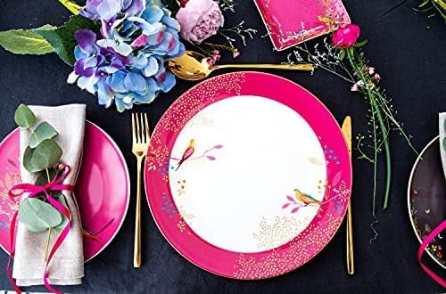 Sara Miller London Chelsea 12 Piece Dinnerware Set - Fine China Plates &amp Bowls Featuring Vibrant Birds &amp Floral Art for Afternoon Tea or Dining - Elegant Gift Box with Full Place Settings