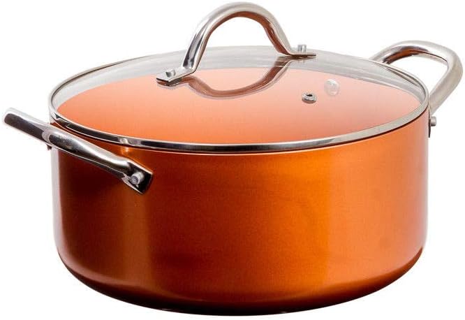 12 Piece Copper Ceramic Nonstick Cookware Set Fry Sauce Pan Casserole Fryer Insert S/Steel Spoon Spatula Ladle Slotted Turner Glass Lids Utensils