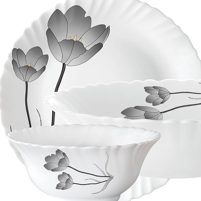 Gourmet Dinnerware Set For 6 19 Pieces White Dinner Plates and Bowls Sets Chip Resistant Tempered Opal Glass Stain Resistant Dishwasher &amp Microwave Safe Dinner Set For Gifting (Black Tulip)