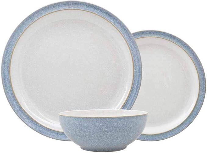 Denby Elements Blue Dinner Set - 4/12 Piece Ceramic Tableware - Dishwasher &amp Microwave Safe - 4 Dinner Plates 4 Medium Plates 4 Cereal Bowls