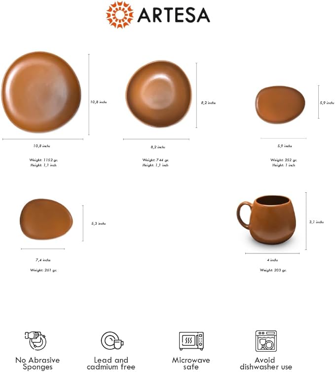 Artesa Organica La Paz Cuero Ceramic Dinnerware Set 5-Piece Terracotta Brown Handmade &amp Hand-Painted 5-Piece with Plates Bowl and Mug Microwave Safe Round