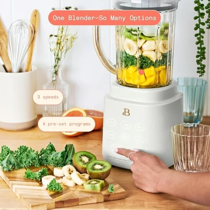 Beauti Power Exact Blender System with 700 W Motor 50oz Tritan Jar 20oz Single-Serve Cup No Drippy Sippy Lid 3 Speeds &amp 4 Pre-sets Dishwasher-Safe Parts Travel Cup Included color White Icin