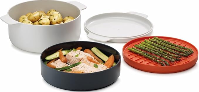 Joseph Joseph M-Cuisine Microwave 4-Piece Stackable Cooking Set 2 liter cooking pot steamer griddle and lid Orange/Beige