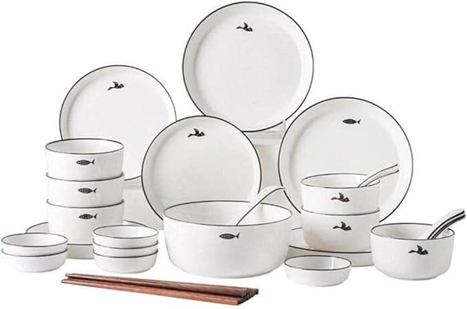 Dinner Plates Dishes/Plate/Bowl Set Ceramics Dinnerware Sets Modern Bird and Fish Pattern Plates and Bowls Microwave and Dishwasher Safe 32 Pieces Set