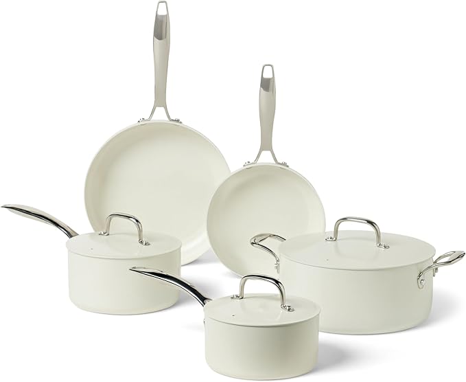 Amazon Basics Ceramic Nonstick Cookware 8-Piece Set of Pots and Pans Dishwasher and Oven-Safe All Cooktop Induction Friendly Ivory