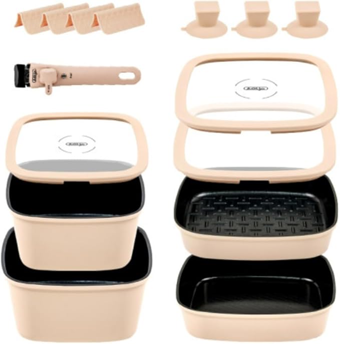 Bohog IH ceramic coating square cookware set with lid &amp magic handle 11P Beige