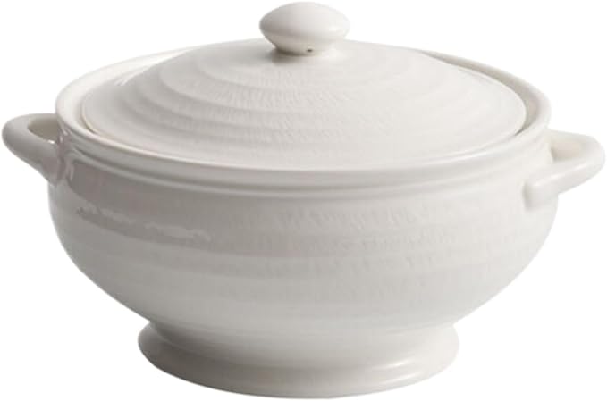 Thcbme 餐具酒店炖盅汤盅德化白瓷高端双耳带盖大汤碗新款大碗/Ceramic Dinnerware SetsPlates and Bowls/8英寸螺纹双耳汤碗-矮款