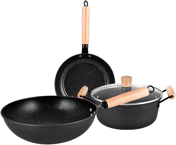 3PCS Cookware Set Wok Frying Pan Saucepan with Lid Pots Pans Set Maifan Stone Nonstick Egg Pan Cooking Tools Kitchen Utensils