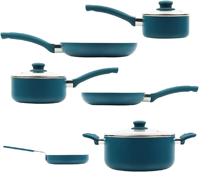 Nonstick Cookware Set Ceramic Coating12 pieces Cooking Pots and Pans Kitchen Utensils Included Dishwasher Safe Durable Cookware nine-piece ceramic cookware set has silicone tools pot guards