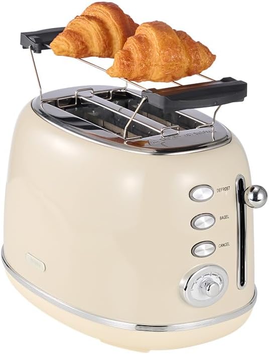 Toaster Retro 2 Slice Vintage White Toaster with Lid with Bread Attachment Preheat Defrost And Cancel Functions 6 Browning Levels (Beige)