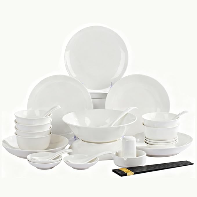 White Ceramic Dinnerware Set: Plates &amp Bowls for Kitchen Microwave &amp Dishwasher Safe Dishes Collection (38pcs)