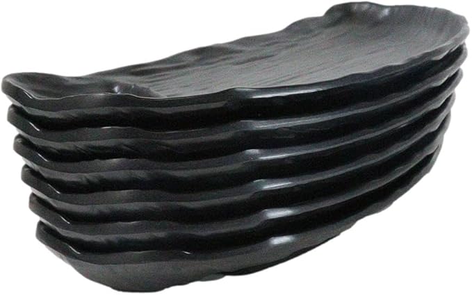 Ebros Gift Contemporary Ridged Matte Black Melamine Series Dinnerware Serveware Kitchenware Set Japanese Chinese Restaurant Supply (Pack Of 6 Half Moon Partitioned Sushi Plate Platter 11 L)