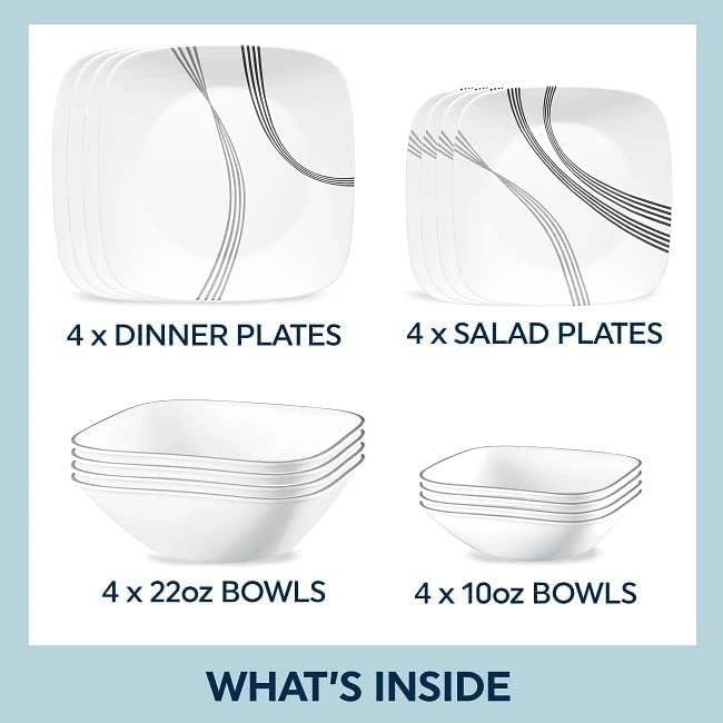 Corelle Urban Arc 16pc Service for 4 Dinnerware Set 8 Plates Bowls Chip &amp Break Resistant Dinner and Corelleware White