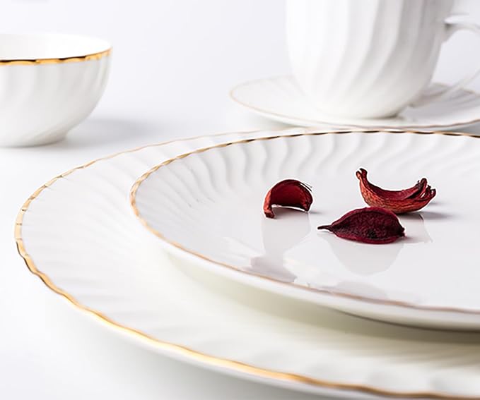 Elegant Porcelain Dinnerware Set with Gold Rim Embossed Wave Pattern 20 Piece Service for 4 Includes Dinner Plates Salad Plates Bowls Cups with Saucers Dishwasher Microwave Safe