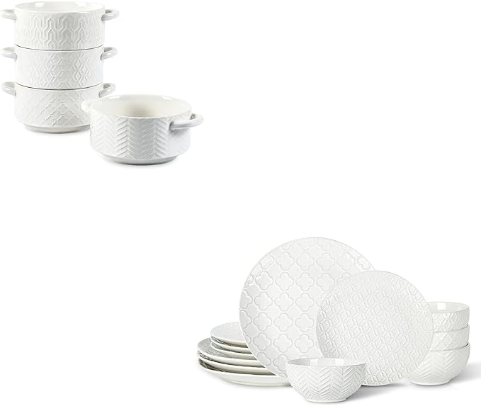 Sureasy Soup Bowls with Handles Set of 4 + Dinnerware Sets 12 Piece White