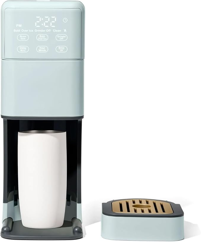 Perfect Grind Single Serve Coffee Maker built-in grinder 6 sizes 3 strengths pod-free reusable filter 64oz reservoir touch display hot &amp iced brew. (Hydrangea)