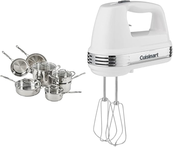 Cuisinart 11-Piece Cookware Set Chef's Classic Stainless Steel Collection 77-11G &amp HM-50 Power Advantage 5-Speed Hand Mixer White