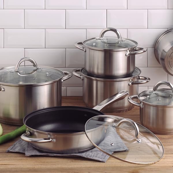 Alexander - 7 Piece Kitchen Battery with 3 Ducks of 18 20 and 24 cm with a Lid + 1 of 16 cm - Made of Stainless Steel - Bucket Set - 5-Layer Capsuled Background