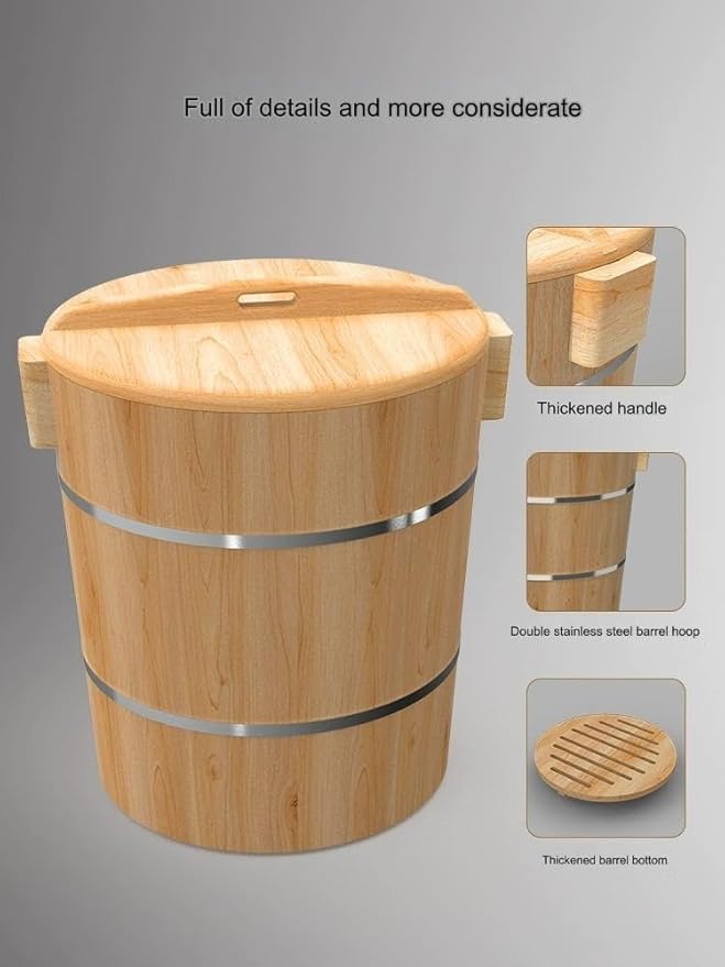 Wooden Rice Barrel Rice Steaming Barrel Rice Mixing Barrel Wooden Storage Barrel Rice Cooking Barrel with Lid for Home Restaurant(33 * 30 * 28cm)