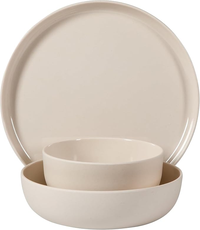 12 Piece Wheat Straw Melamine Dinnerware Set – Lightweight Plates and Bowls Service for 4 Durable &amp Dishwasher Safe (Taupe)
