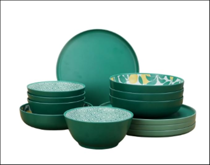 Bamboo Melamine Dinnerware Set 12-Piece – Lemon &amp Green