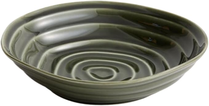 Thcbme 新款碗家用异形碗德化陶瓷釉下彩水果沙拉碗装菜碗/Ceramic Dinnerware SetsPlates and Bowls/8英寸异形螺纹汤盘-富贵绿
