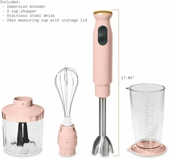 Cordless Hand Blender with 2-Cup Chopper Whisk &amp Large Measuring Cup Perfect for Cooking Smoothies Sauces Purees and Meal Prep (Rose)