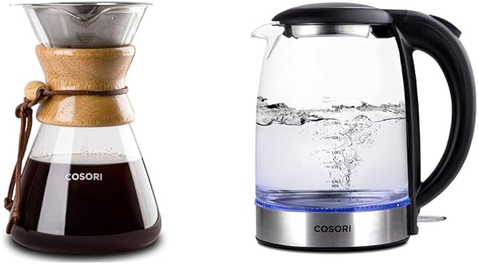 COSORI Pour Over Coffee Maker with Double-layer Stainless Steel Filter34 Ounce &amp Electric Kettle with Upgraded Stainless Steel Filter and Inner Lid Wide Opening Glass Tea Kettle1.7L Black