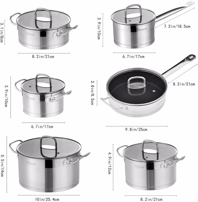 Solid Stainless Steel Kitchen Cookware Set 12 Piece Pan Set Nonstick Skillet Casserole with Glass Lid