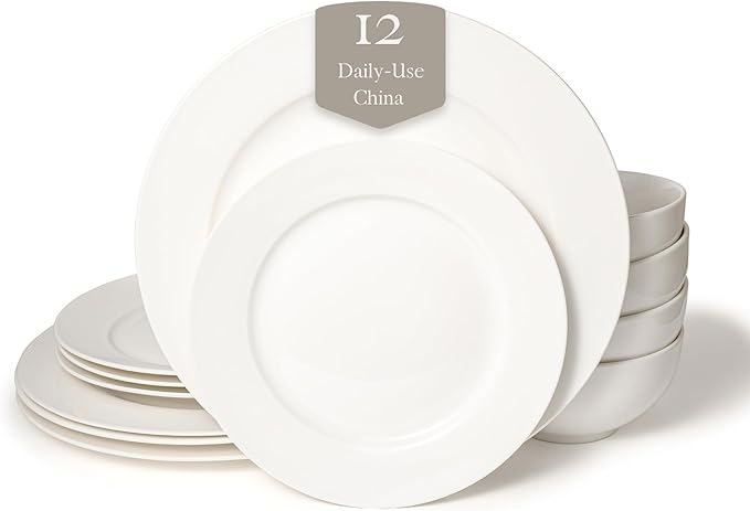 New Bone China 12 Piece Dinnerware Set Santorini Collection (Pure) White Daily Use China Tableware Service for 4