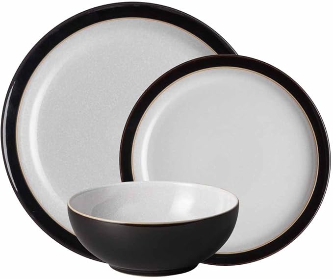 Denby Elements Black Dinnerware Set - 4/12 Piece Ceramic Tableware - Dishwasher &amp Microwave Safe - 4 Dinner Plates 4 Medium Plates 4 Cereal Bowls