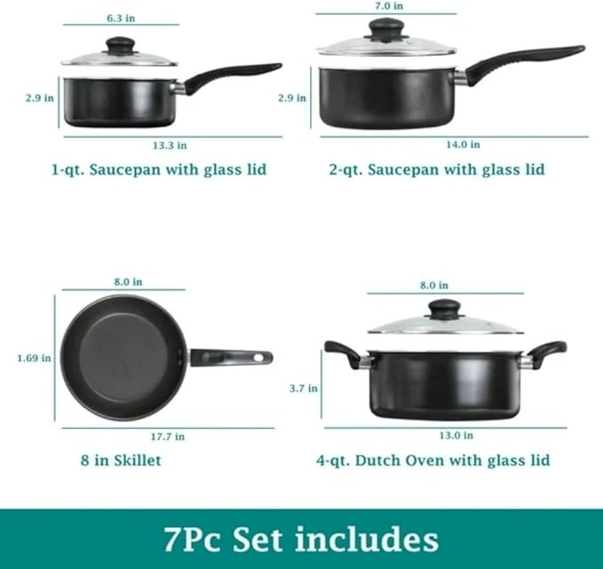 7 Piece Non Stick Aluminium Cookware Set - Pots Pans with Even Heating Perfect for Daily Cooking