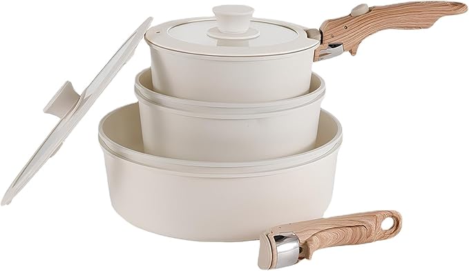 9 pcs Pots And Pans Set Non Stick Nonstick Coating Kitchen Cookware Sets with Removable Handle for RV Travel Outdoor Camping Oven Safe PFOS And PFOA Free