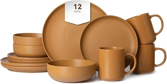 Plates and Bowls Sets 12 Pieces Stoneware Dinnerware Sets with Mugs Stackable Matte Glaze Kitchen Stoneware Plates and Bowls Set for 3 Microwave and Dishwasher Safe(Orange)