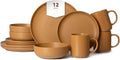 Plates and Bowls Sets 12 Pieces Stoneware Dinnerware Sets with Mugs Stackable Matte Glaze Kitchen Stoneware Plates and Bowls Set for 3 Microwave and Dishwasher Safe(Orange)