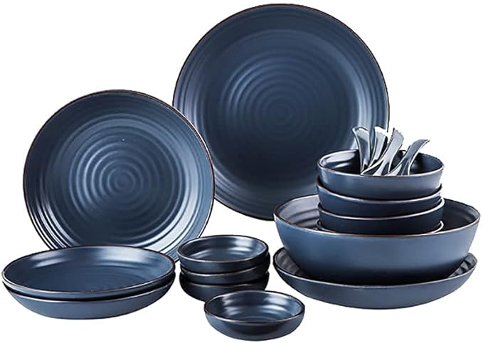 Kitchen Tableware SetCeramics Dinnerware Set Thread Pattern Chip Resistant Dinner Set/17 Pcs Porcelain Dish Set-Colorful Plates and Bowls Set for WeddingOran(