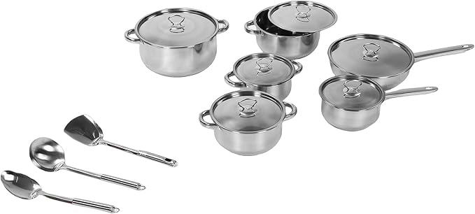 Pssopp Kitchen Cooking Set Safe Handling Fast Heating Multifunctional Stainless Steel Cookware Set for Home(4 Soup Pots 2 Pans 1 Spatula 2 Spoons)