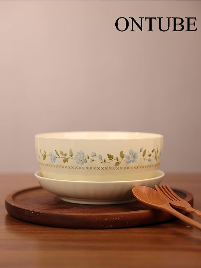ONTUBE Ceramic Flower Dinnerware Set Two Plates with Large Soup Bowl Rural style household dining bowls and vegetable dishes for Cereal Salad Pasta Soup Dessert