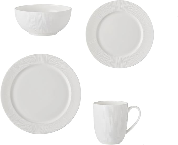 16Piece Bone China Dinnerware Set with Radial Stripe Texture Embossed Plates Bowls mugs Chip-Resistant Lightweight Elegant and Durable Service for 4 White