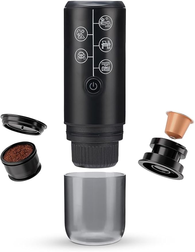 Portable Espresso Machine 17 Bar Mini Coffee Maker Travel Coffee Maker for Camping Compatible with Nes Series Capsules and Ground Coffee Electric Espresso Maker (B-Black)