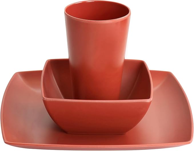 12-Piece Square Melamine Dinnerware Set – Durable Lightweight Outdoor Plates and Bowls Raised Edge Design Dishwasher Safe Tableware for Casual Indoor &amp Outdoor Dining – Gray Orange Green (Oran